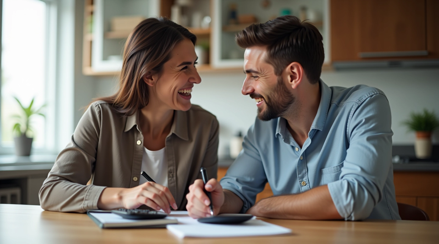 Couple sitting at kitchen table with notebook and calculator, discussing finances together
