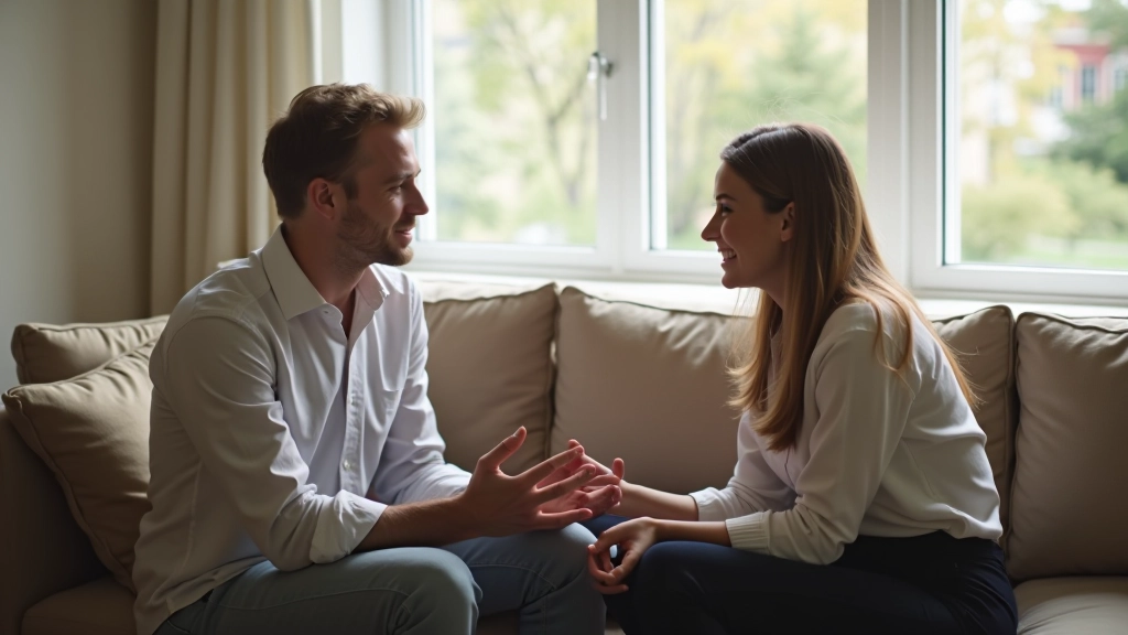 Couple having a conversation in a living room, relaxed body language