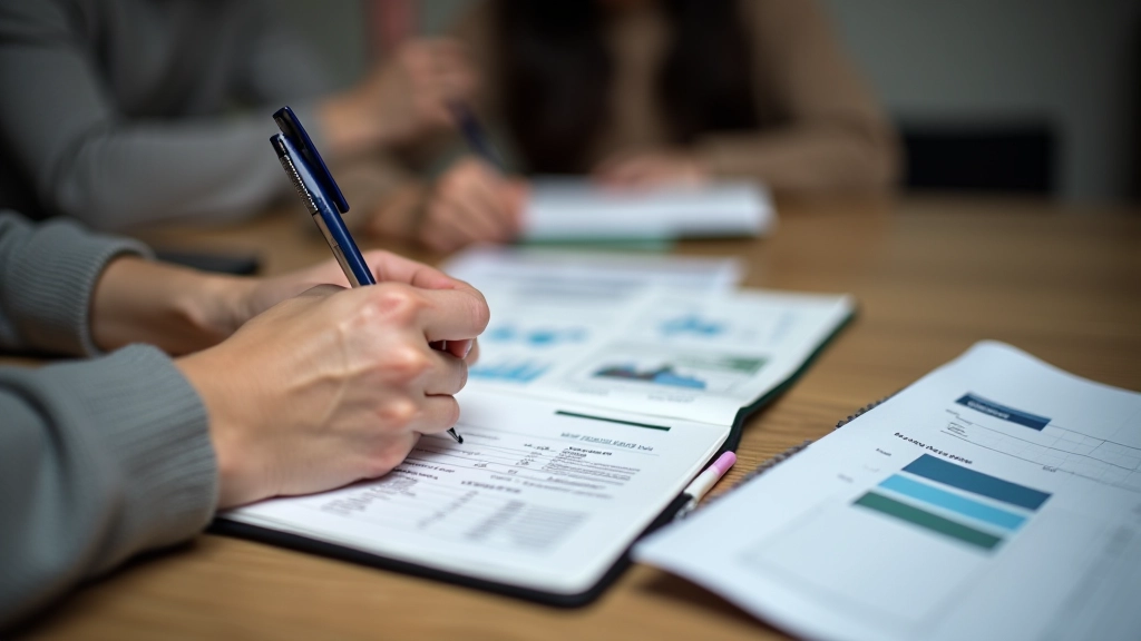 Person writing down financial goals in a notebook with charts and notes