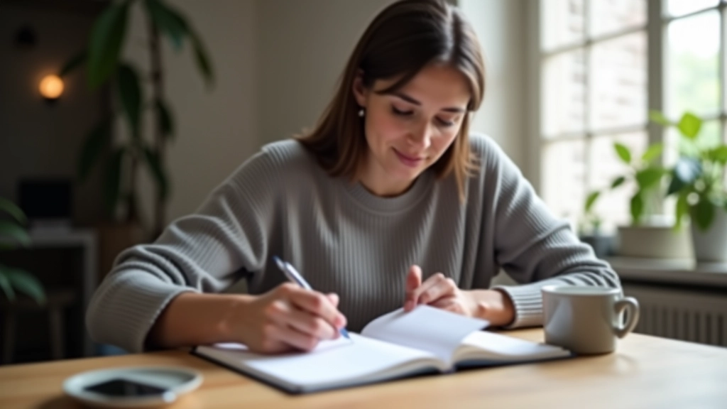 Person writing goals in notebook with coffee on desk